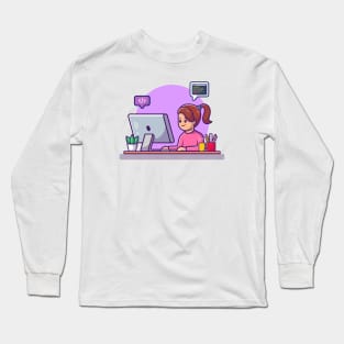 Cute Girl Working On Computer Long Sleeve T-Shirt